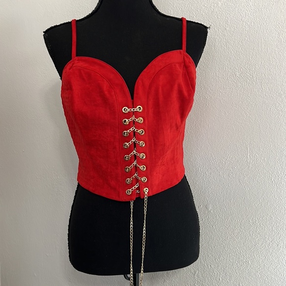 BeBe Josephine Quilted Chain Lace Up Corset Top Goji Berry Faux Suede Size L NWT - Picture 7 of 12